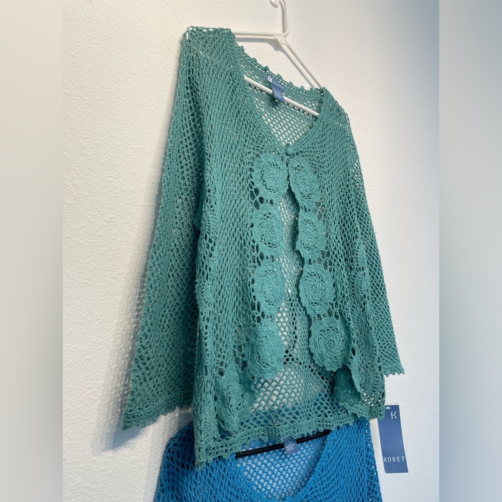 Koret Lot Loose Knit Womens Blue Resort Green Crochet Button Sweater Cardigan L - Picture 5 of 13